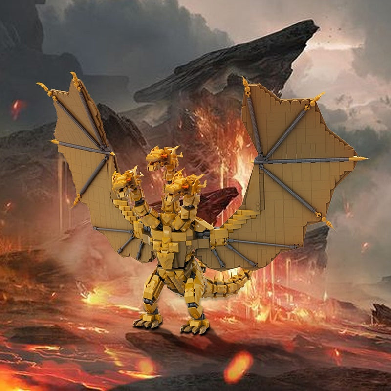 Golden Three-Headed Dragon MOC Building Kit | Fantasy Monster Figure - 4