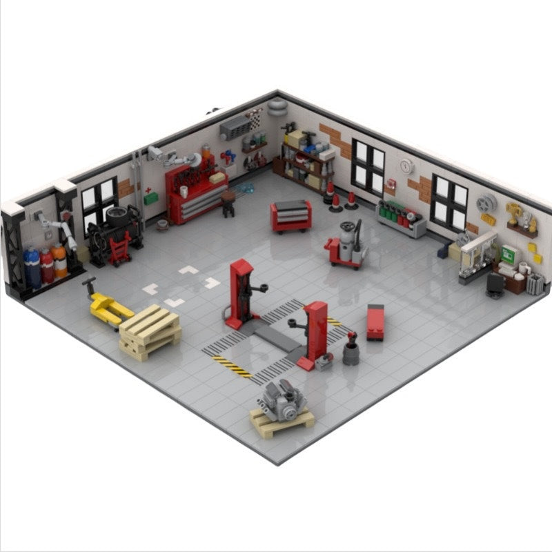Tuning Garage Workshop with Car Lift Building Kit | LEGO-Compatible MOC - 1